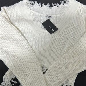 Fashion Nova White Distressed Sweater